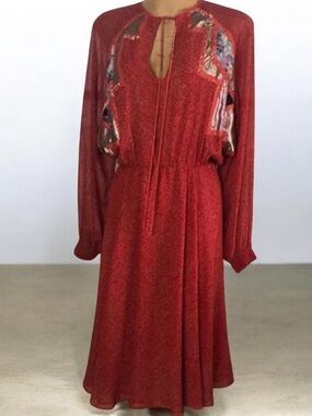 Koos Van Der Akker Designer Silk Chiffon midi dress sz 14 artsy batwing sleeves